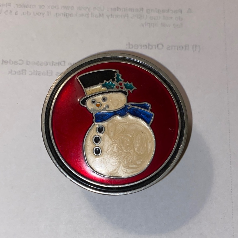 Vintage Aikens Pewter Snowman Enameled Round Trinket Collectible Box Size 2.25”